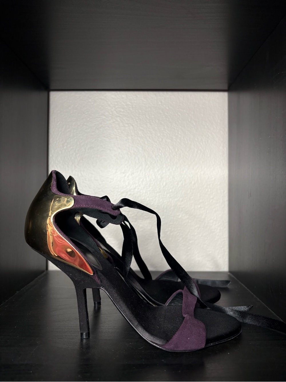 Giuseppe Zanotti Women's Black and Plum Suede Heels w/ Gold Heel Cap